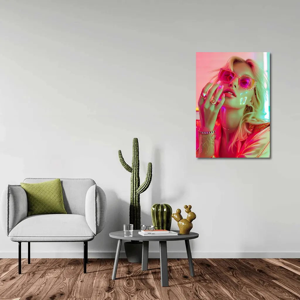 Blonde Woman Pink Sunglasses Neon Glow – Wall Art