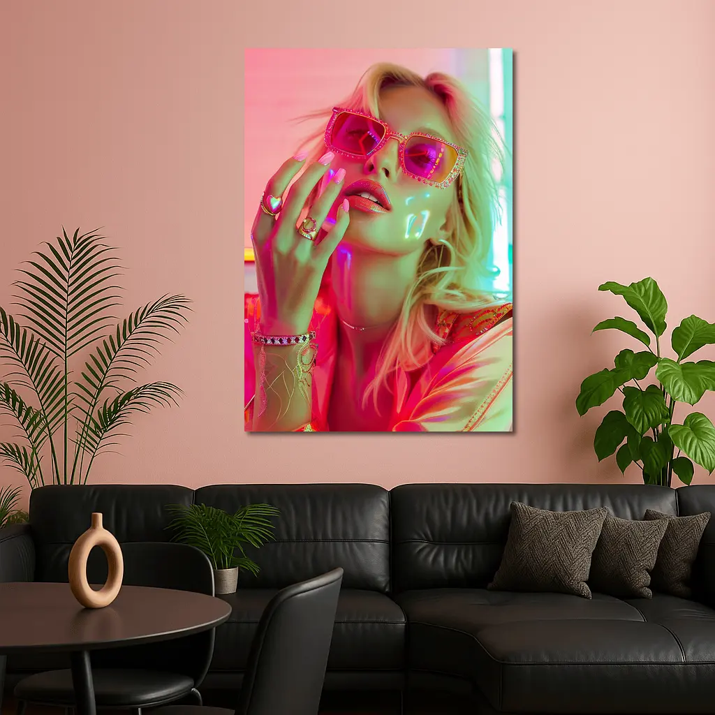Blonde Woman Pink Sunglasses Neon Glow – Wall Art