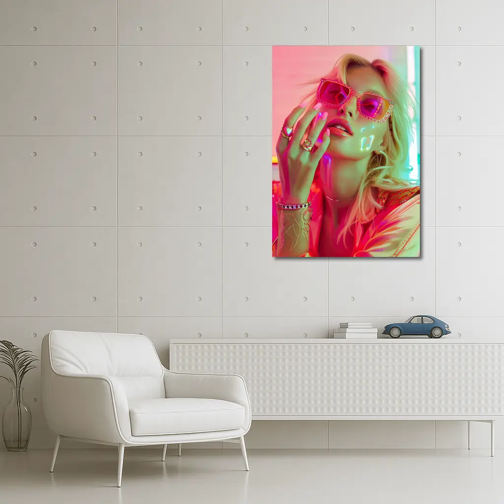 Blonde Woman Pink Sunglasses Neon Glow – Wall Art