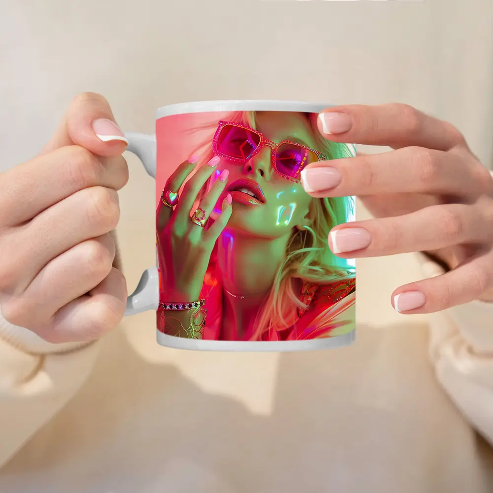 Blonde Woman Pink Sunglasses Neon Glow – Mugs