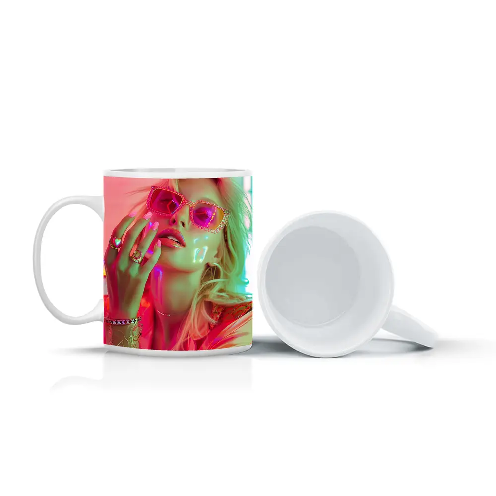 Blonde Woman Pink Sunglasses Neon Glow – Mugs