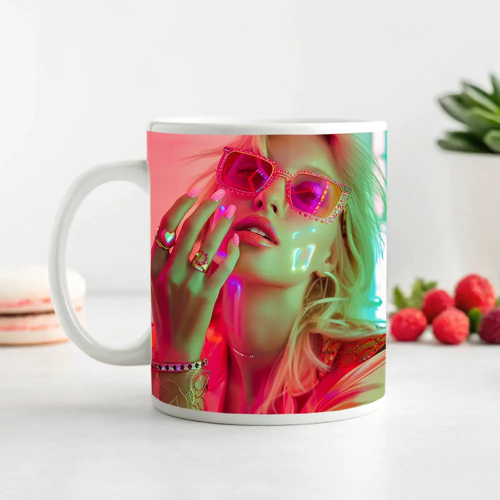 Blonde Woman Pink Sunglasses Neon Glow – Mugs