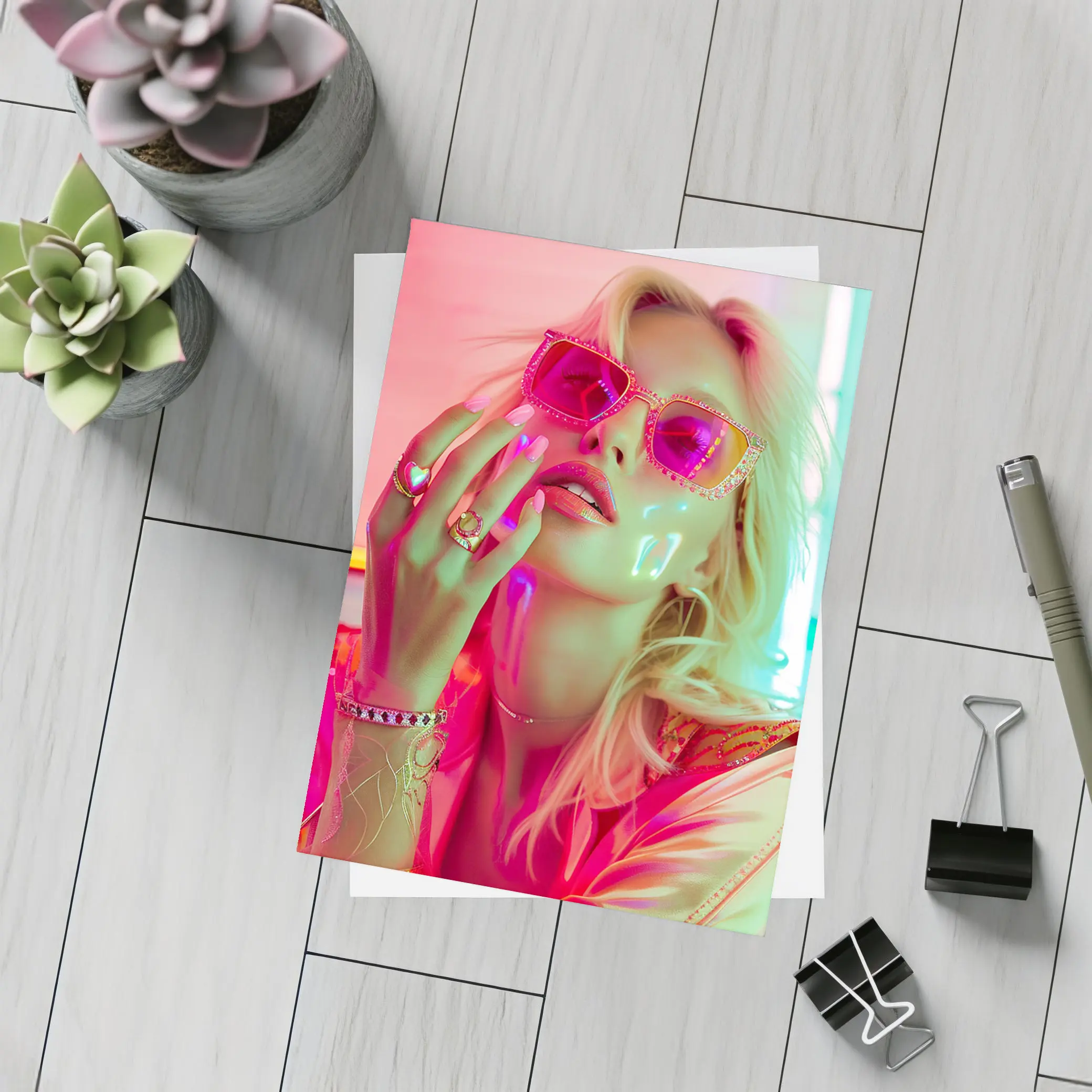 Blonde Woman Pink Sunglasses Neon Glow – Postcards