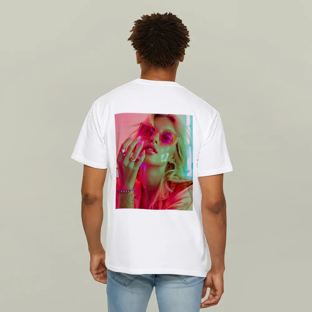 Blonde Woman Pink Sunglasses Neon Glow – T-Shirts