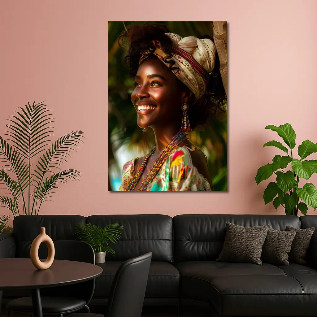 Smiling Woman Colorful Headwrap Tropical Background – Wall Art