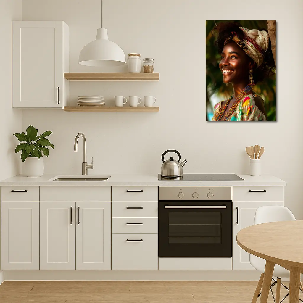 Smiling Woman Colorful Headwrap Tropical Background – Wall Art