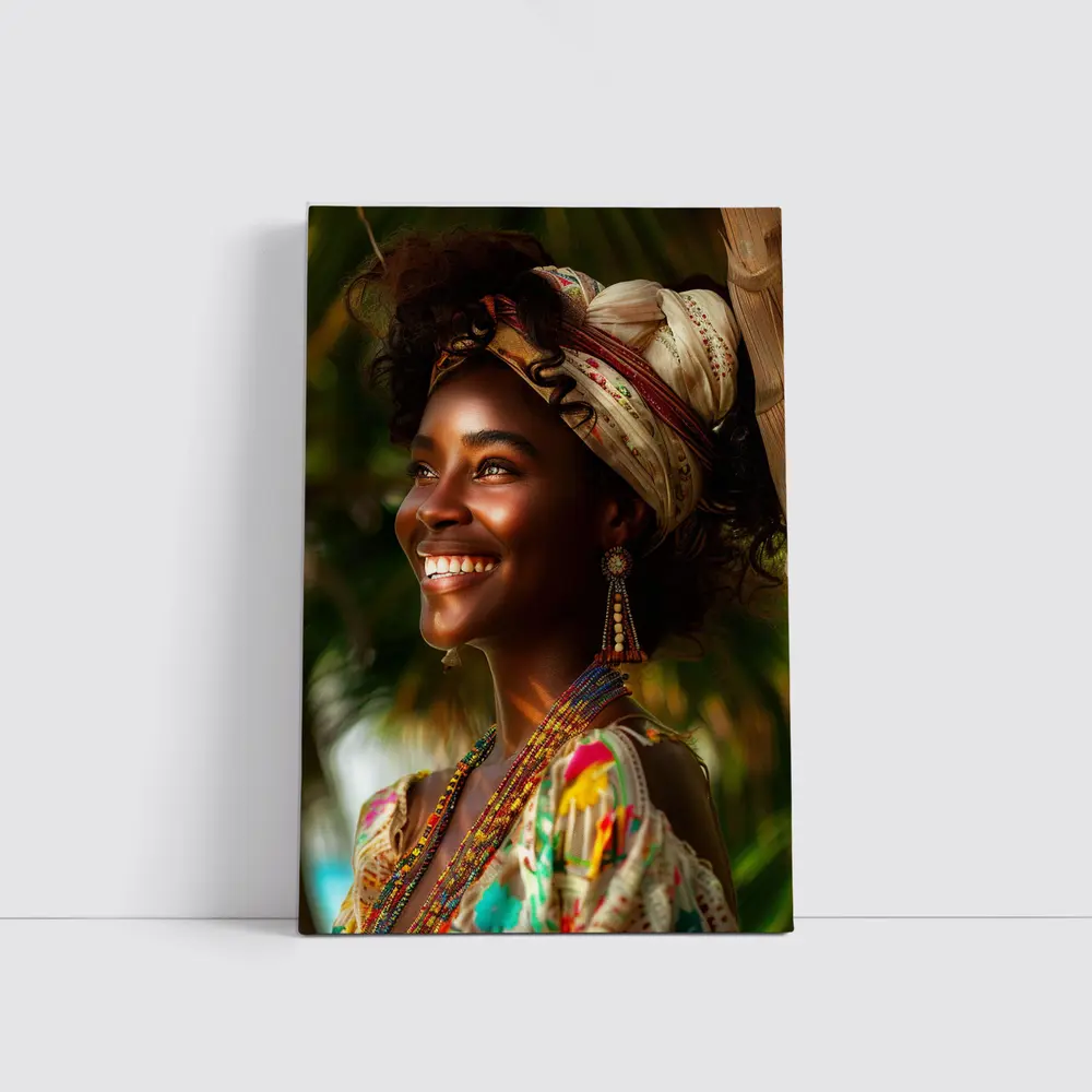 Smiling Woman Colorful Headwrap Tropical Background – Wall Art