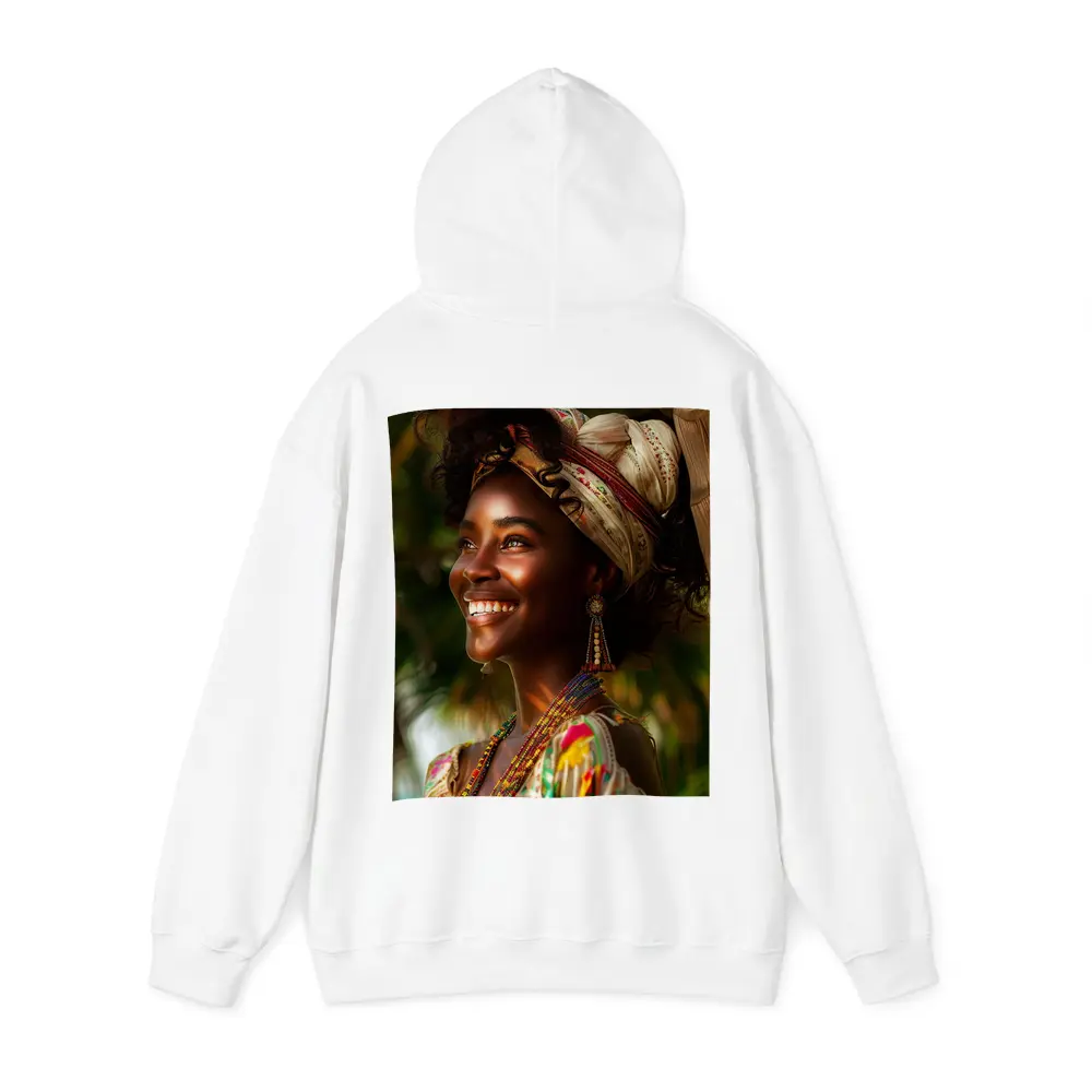 Smiling Woman Colorful Headwrap Tropical Background – Hoodies