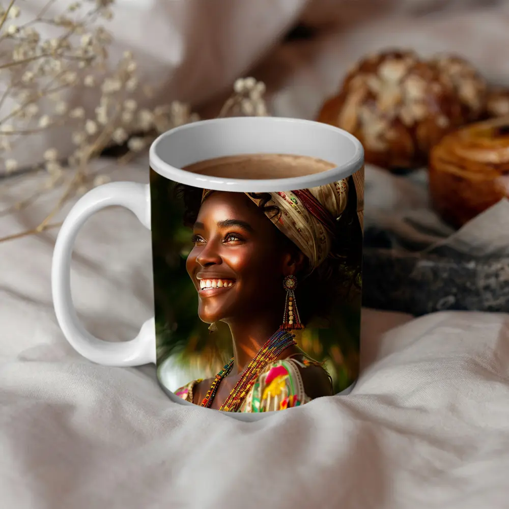 Smiling Woman Colorful Headwrap Tropical Background – Mugs
