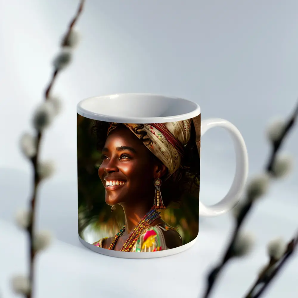 Smiling Woman Colorful Headwrap Tropical Background – Mugs