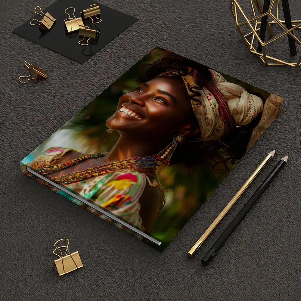 Smiling Woman Colorful Headwrap Tropical Background – Notebooks