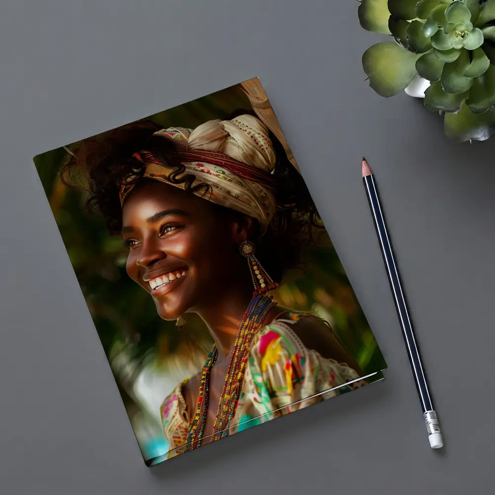 Smiling Woman Colorful Headwrap Tropical Background – Notebooks