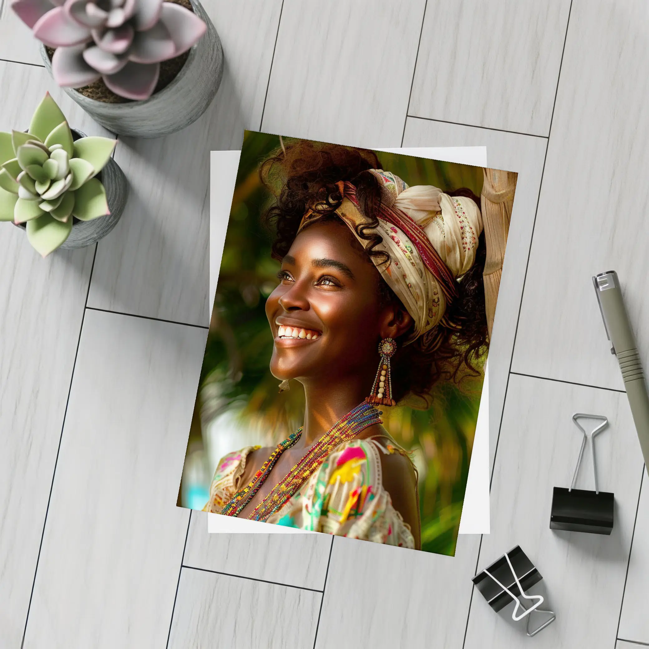 Smiling Woman Colorful Headwrap Tropical Background – Postcards