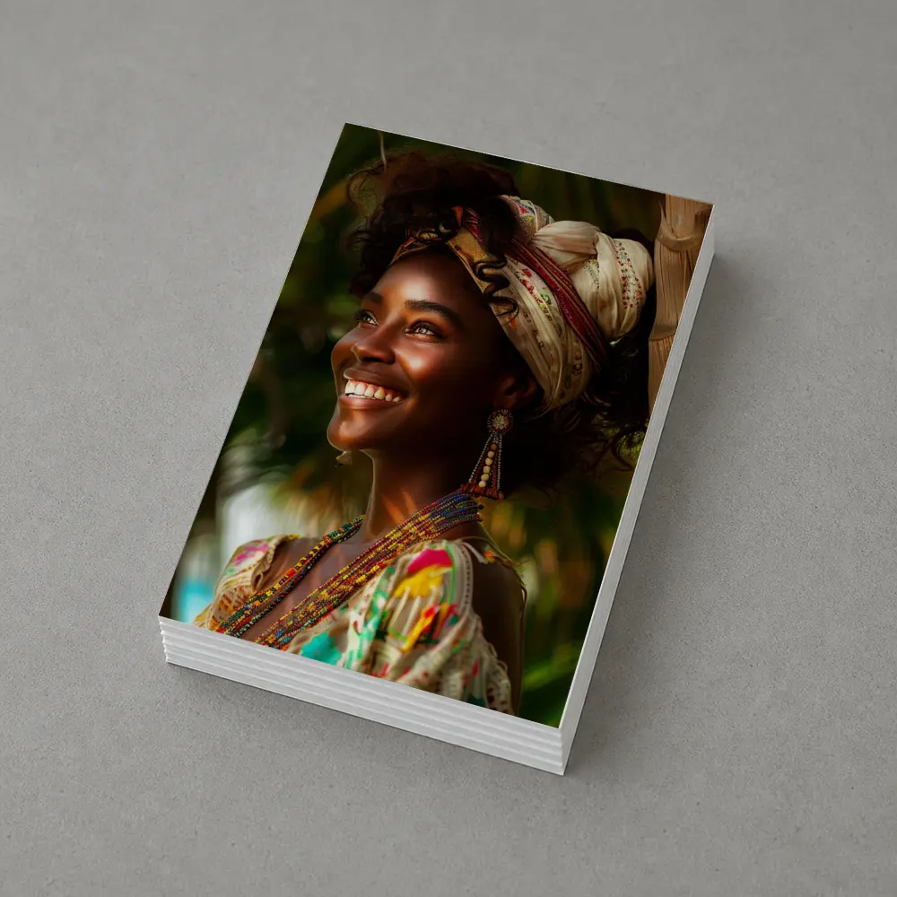 Smiling Woman Colorful Headwrap Tropical Background – Postcards
