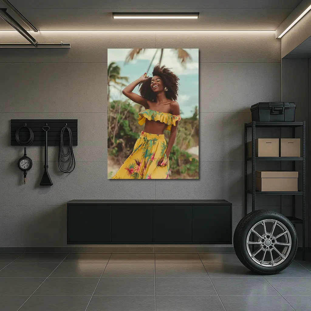 Woman Yellow Tropical Outfit Beach Palm Trees – Wall Art