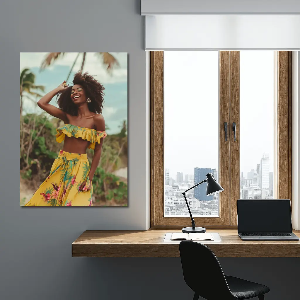 Woman Yellow Tropical Outfit Beach Palm Trees – Wall Art