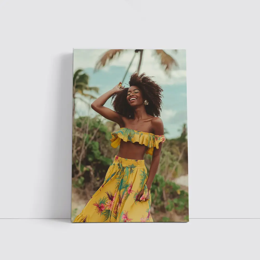 Woman Yellow Tropical Outfit Beach Palm Trees – Wall Art