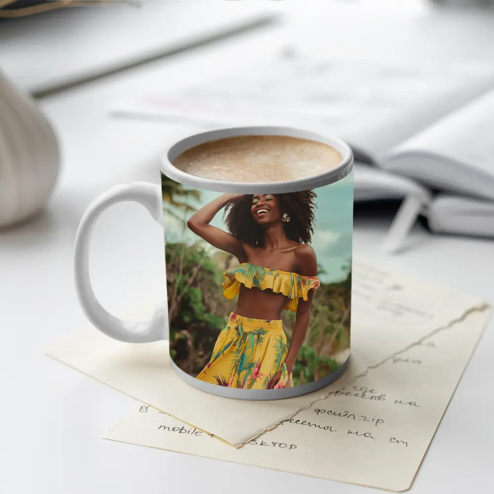 Woman Yellow Tropical Outfit Beach Palm Trees – Mugs