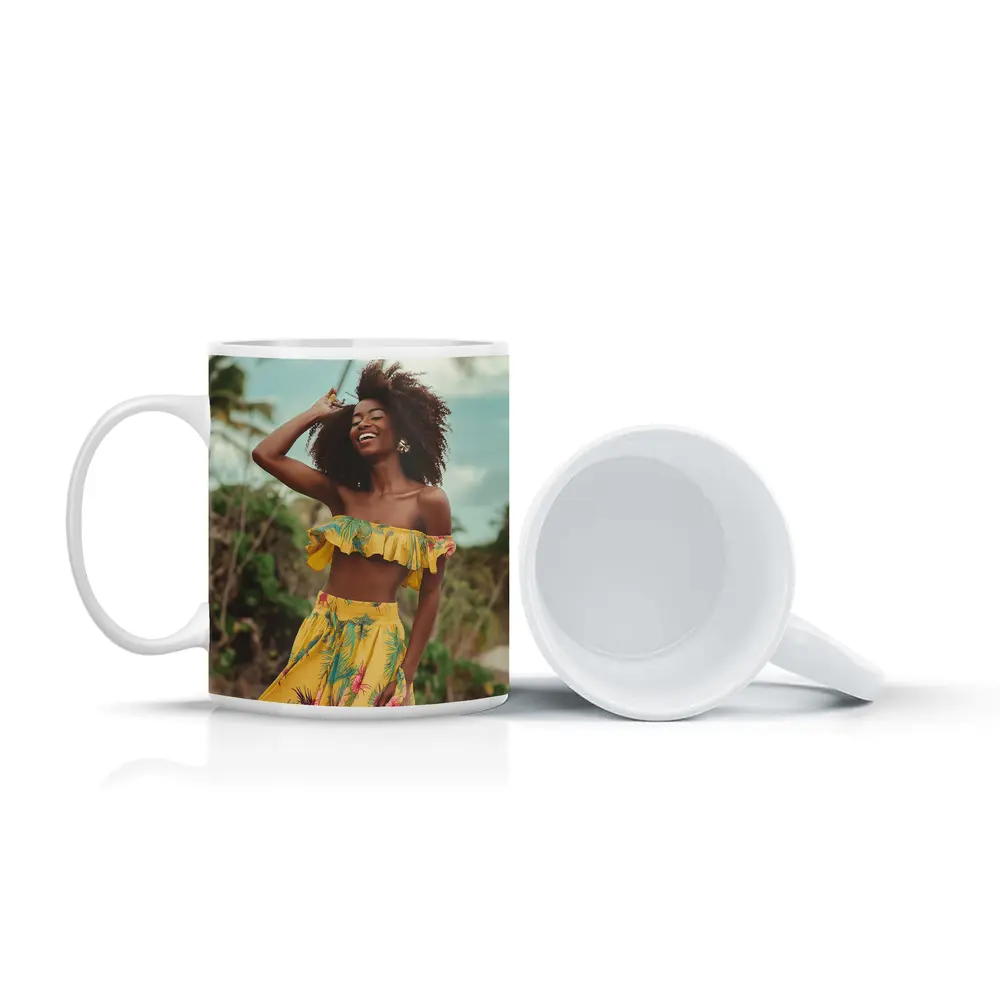 Woman Yellow Tropical Outfit Beach Palm Trees – Mugs