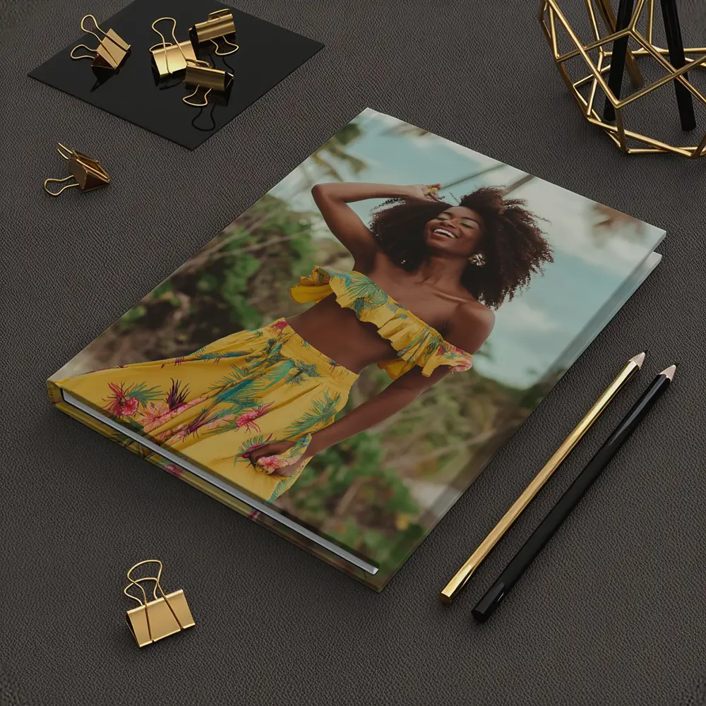 Woman Yellow Tropical Outfit Beach Palm Trees – Notebooks