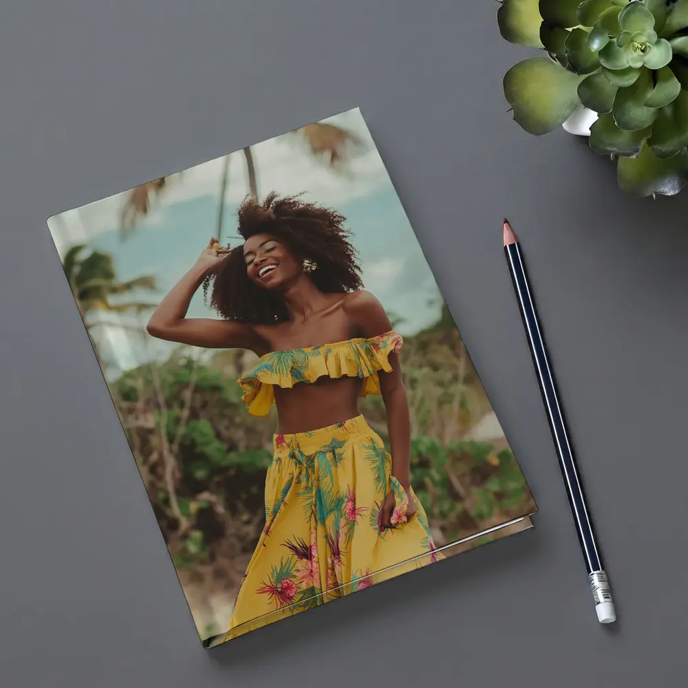 Woman Yellow Tropical Outfit Beach Palm Trees – Notebooks