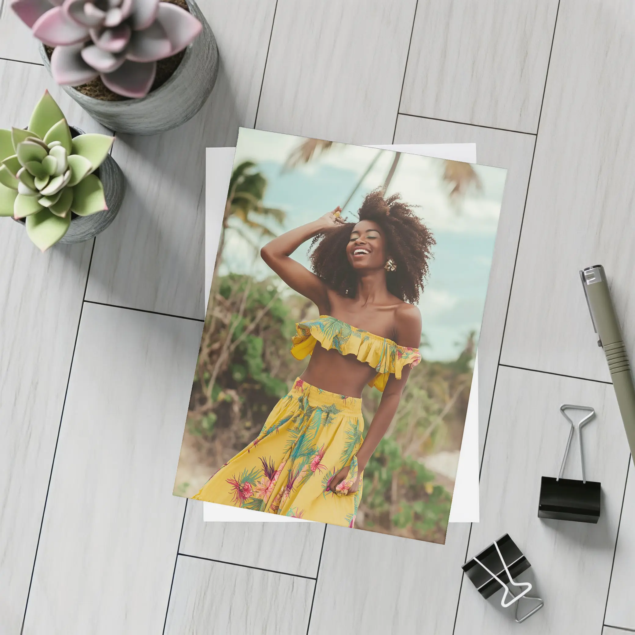 Woman Yellow Tropical Outfit Beach Palm Trees – Postcards