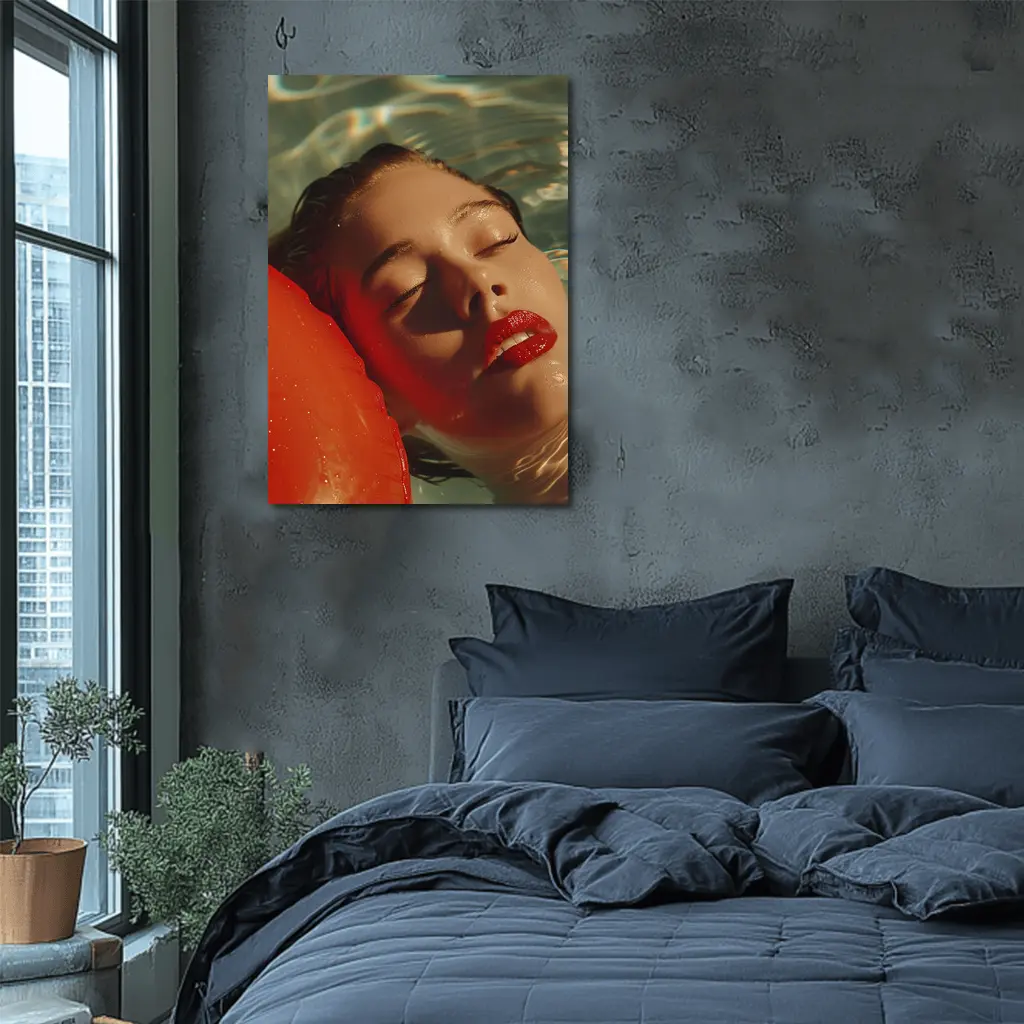 Woman Floating In Pool Red Lips – Wall Art