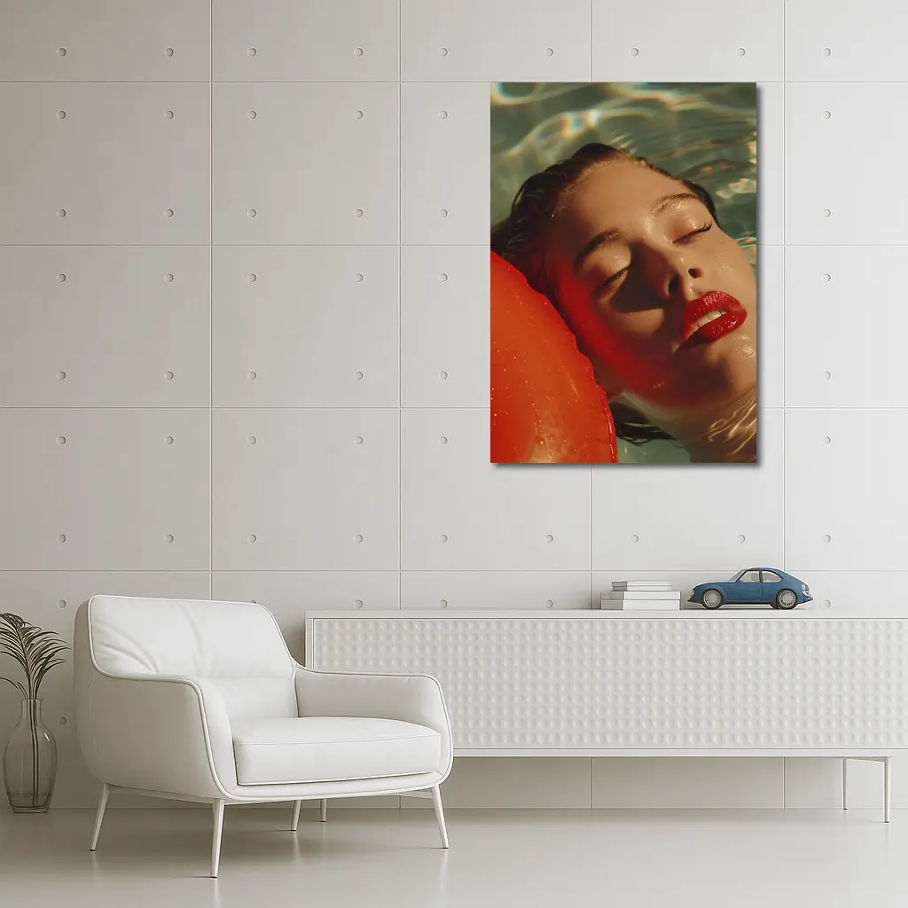 Woman Floating In Pool Red Lips – Wall Art