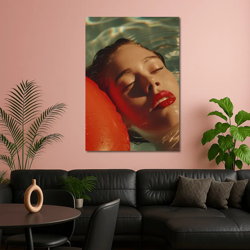 Woman Floating In Pool Red Lips – Wall Art
