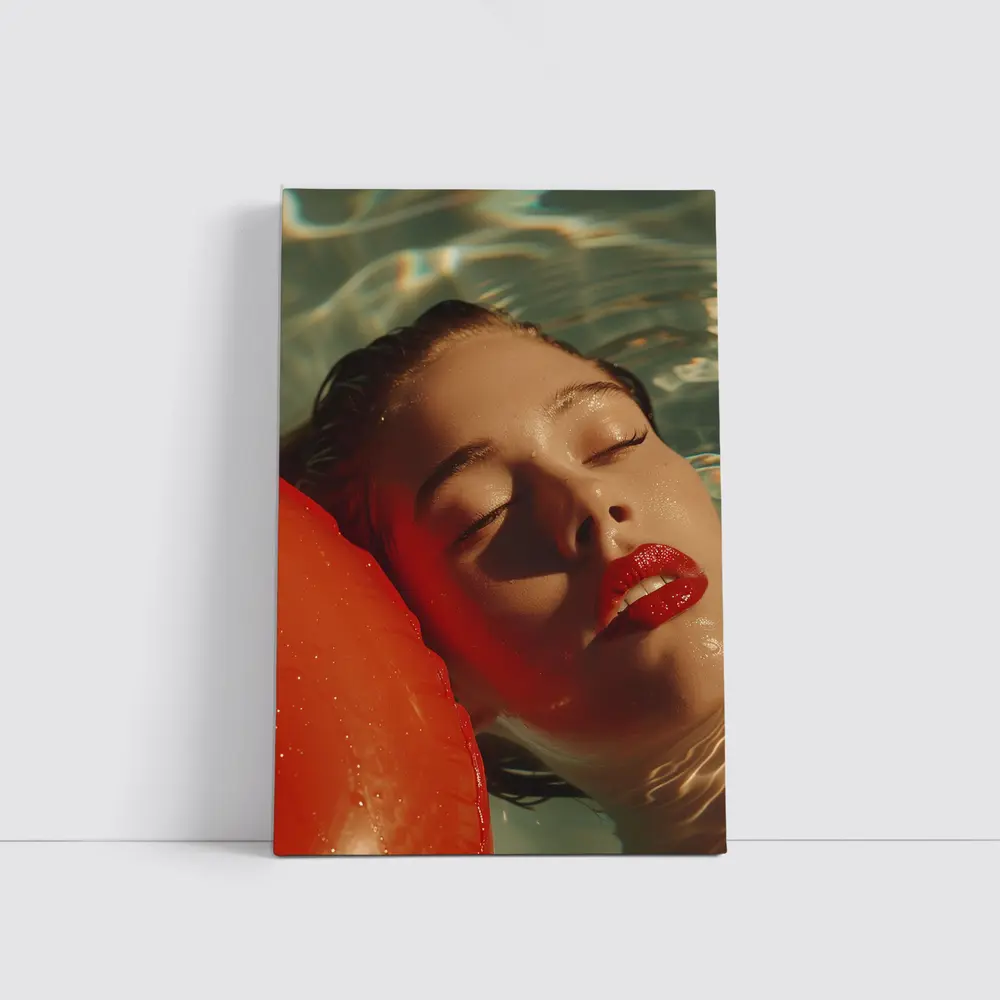 Woman Floating In Pool Red Lips – Wall Art