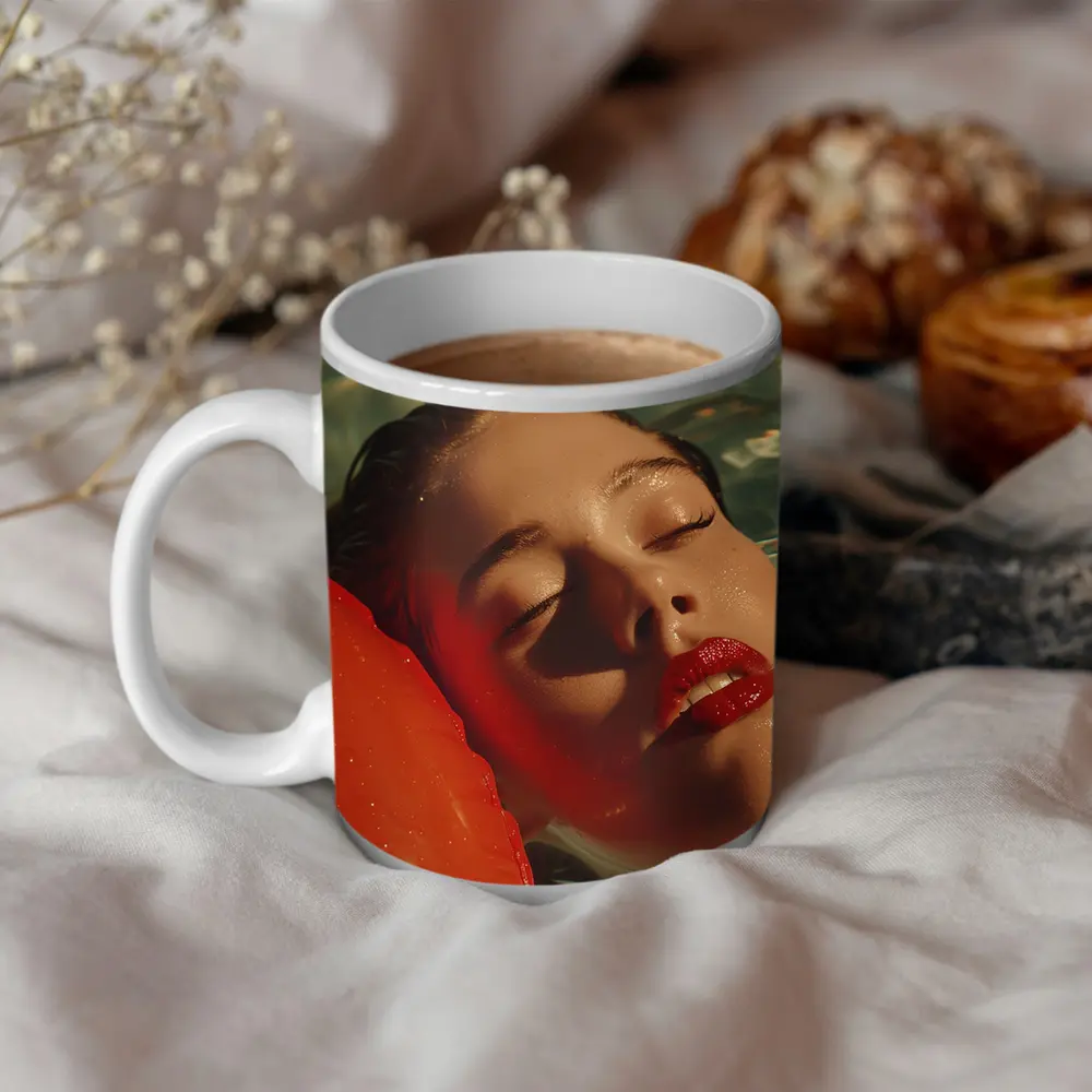 Woman Floating In Pool Red Lips – Mugs