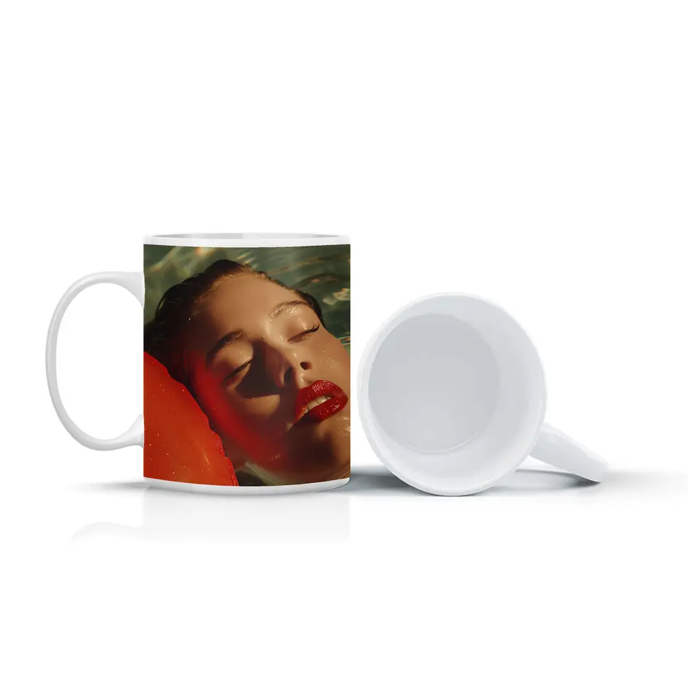 Woman Floating In Pool Red Lips – Mugs