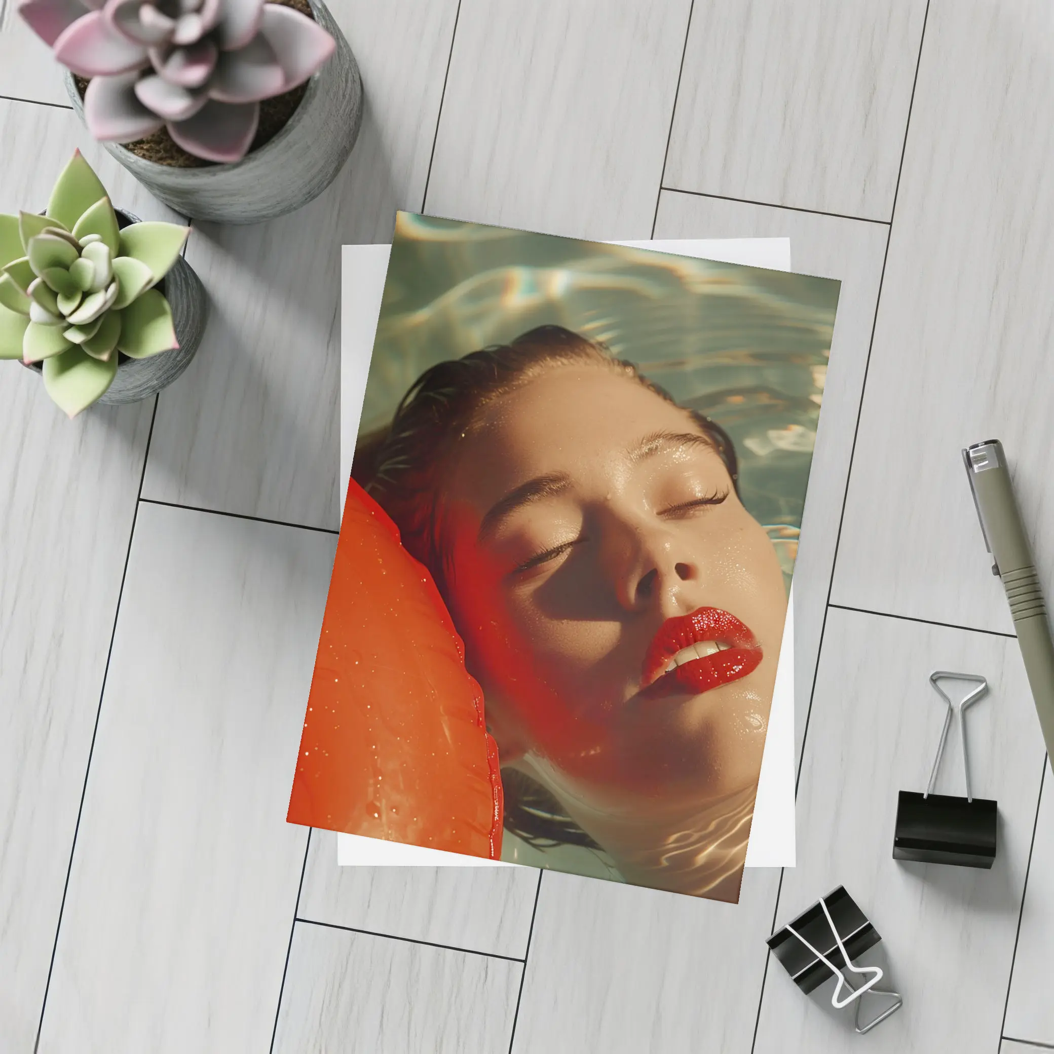 Woman Floating In Pool Red Lips – Postcards