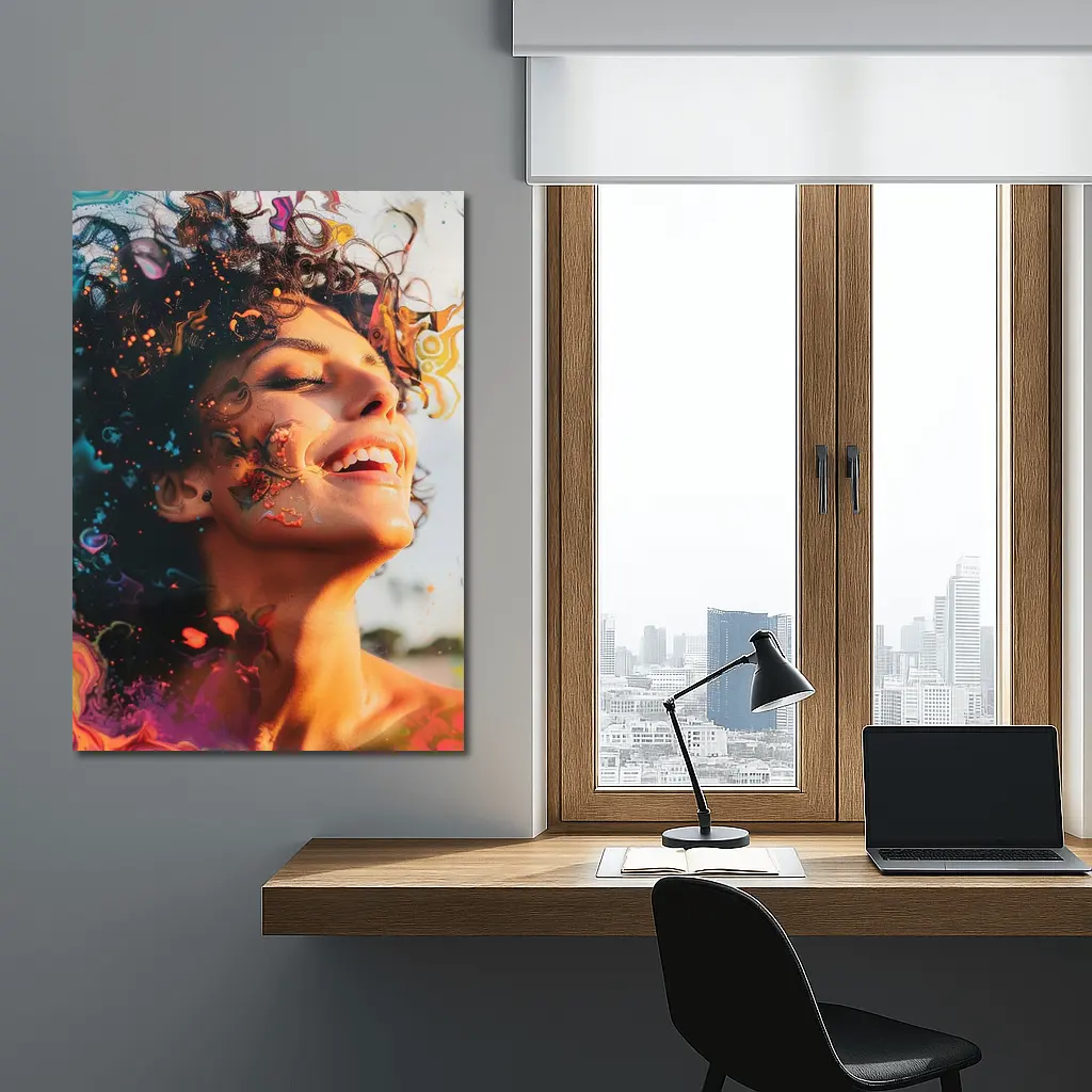 Woman Smiling With Colorful Abstract Art Overlay – Wall Art