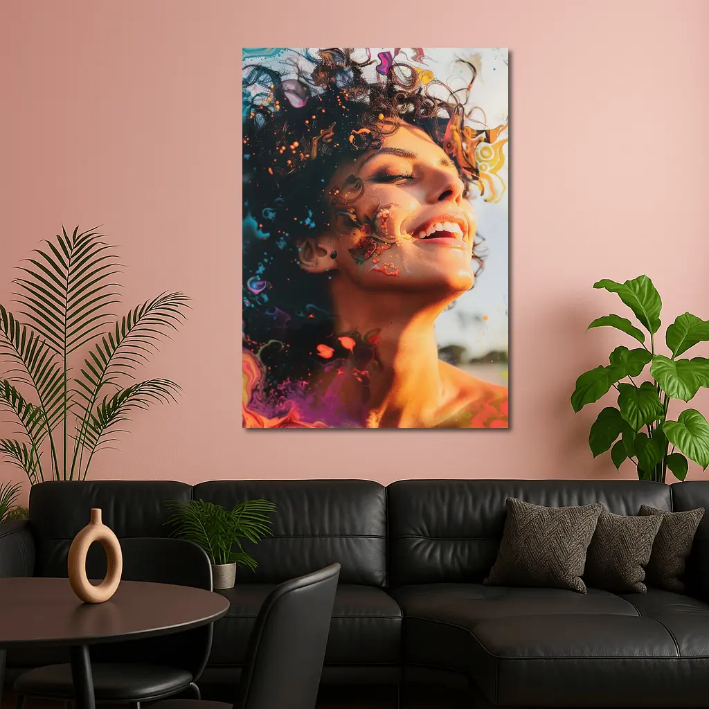 Woman Smiling With Colorful Abstract Art Overlay – Wall Art