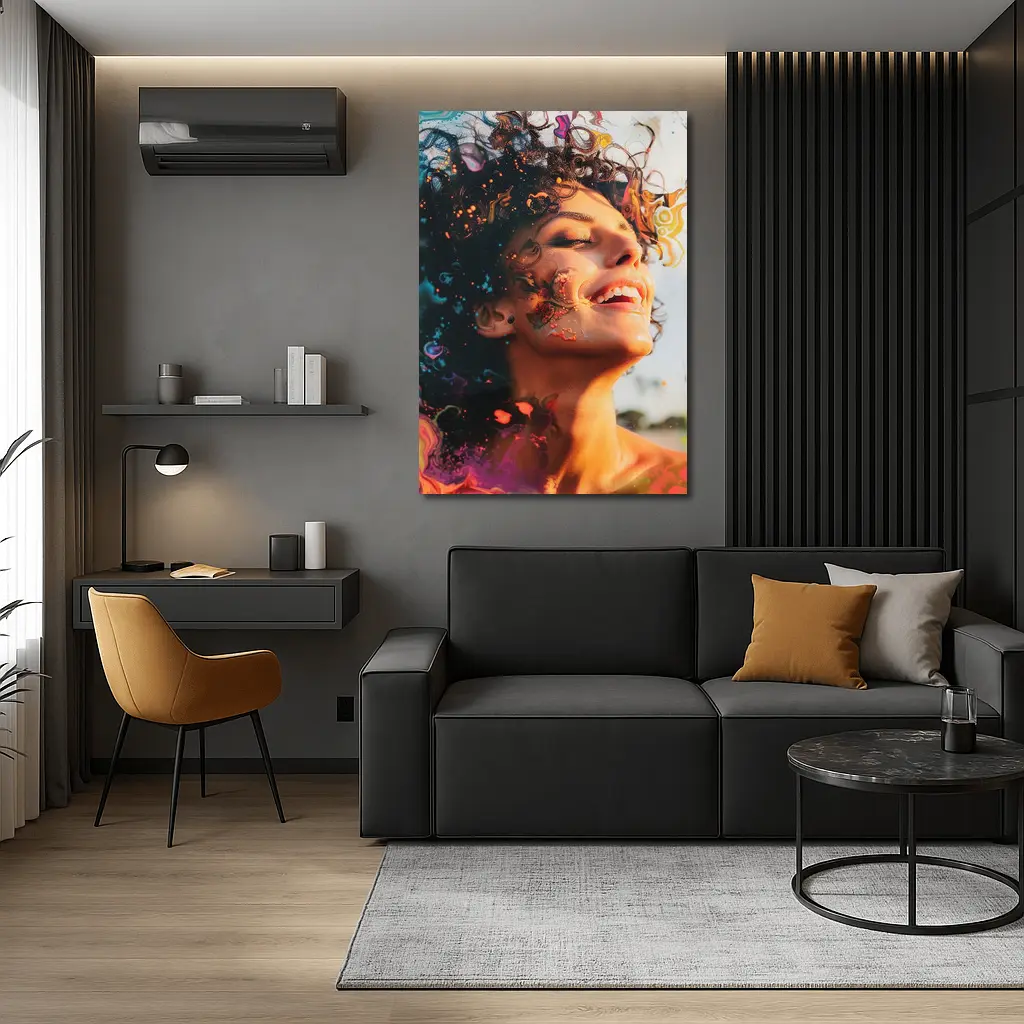 Woman Smiling With Colorful Abstract Art Overlay – Wall Art