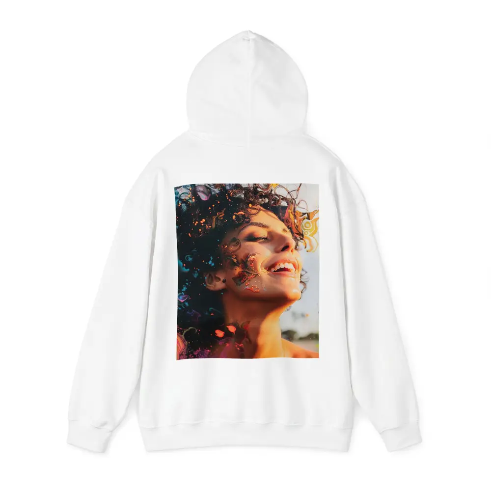 Woman Smiling With Colorful Abstract Art Overlay – Hoodies