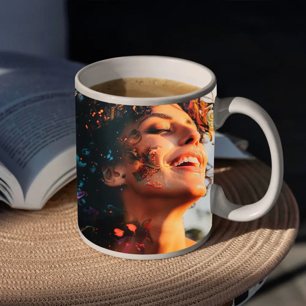Woman Smiling With Colorful Abstract Art Overlay – Mugs