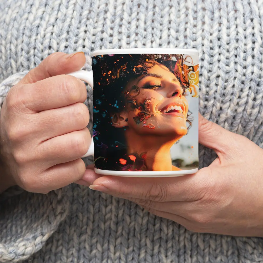 Woman Smiling With Colorful Abstract Art Overlay – Mugs