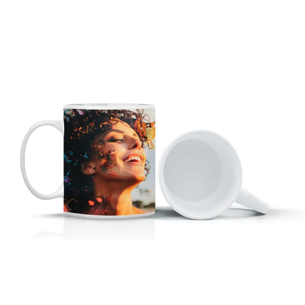 Woman Smiling With Colorful Abstract Art Overlay – Mugs
