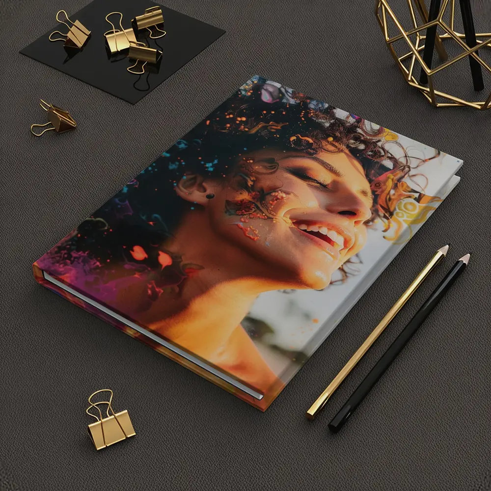Woman Smiling With Colorful Abstract Art Overlay – Notebooks
