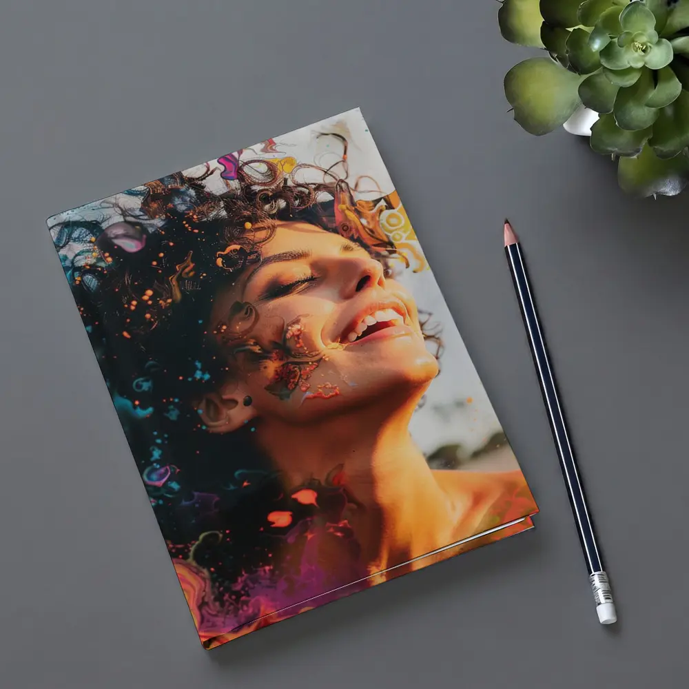 Woman Smiling With Colorful Abstract Art Overlay – Notebooks