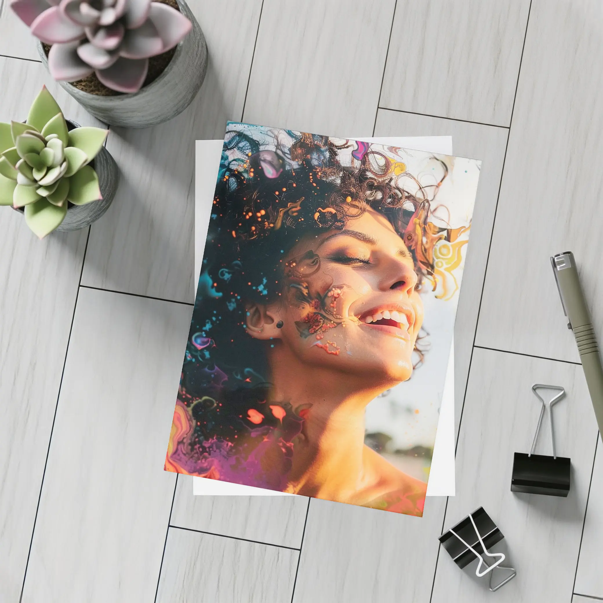 Woman Smiling With Colorful Abstract Art Overlay – Postcards