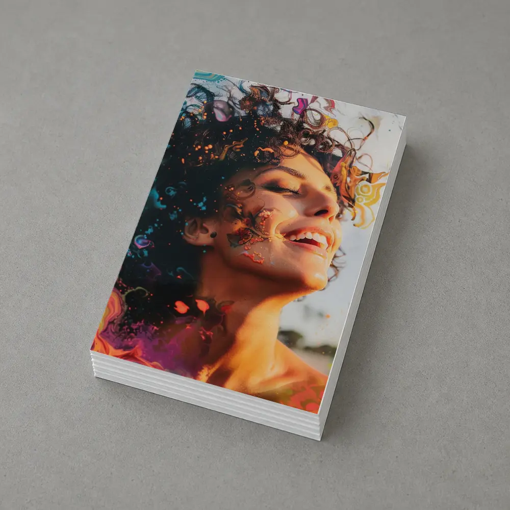 Woman Smiling With Colorful Abstract Art Overlay – Postcards