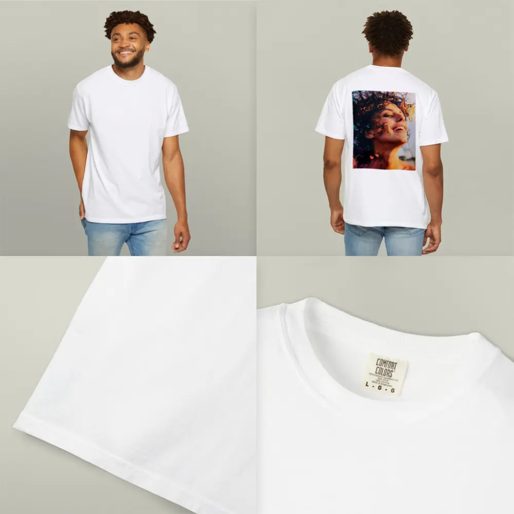 Woman Smiling With Colorful Abstract Art Overlay – T-Shirts