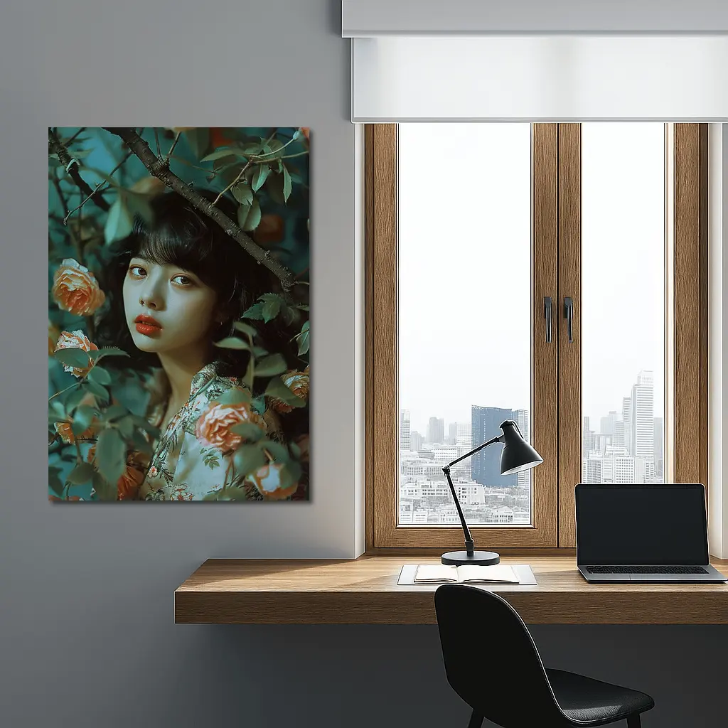 Asian Girl Portrait Among Orange Roses – Wall Art
