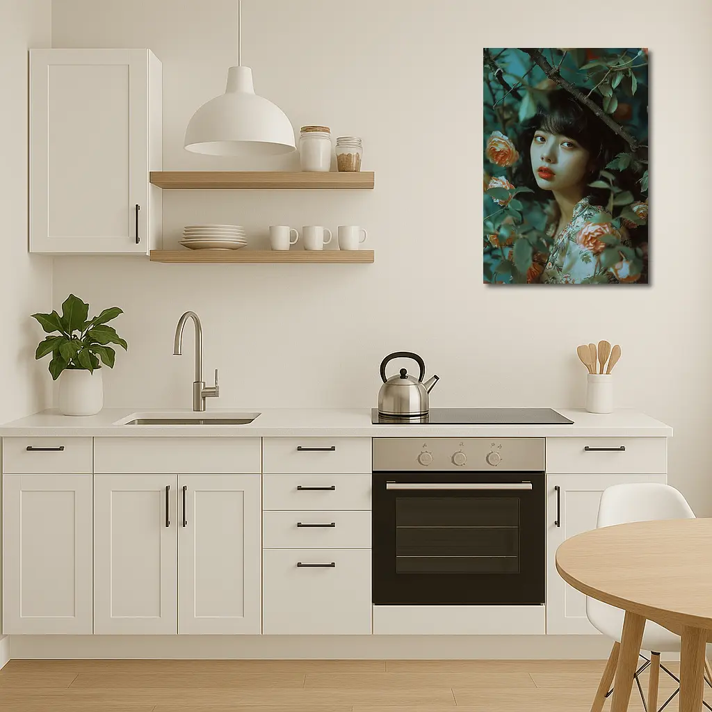 Asian Girl Portrait Among Orange Roses – Wall Art