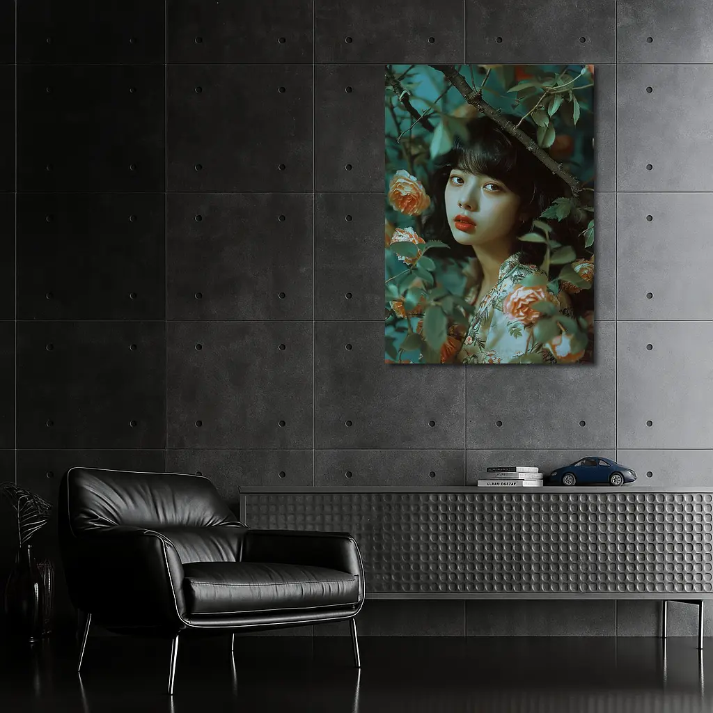 Asian Girl Portrait Among Orange Roses – Wall Art