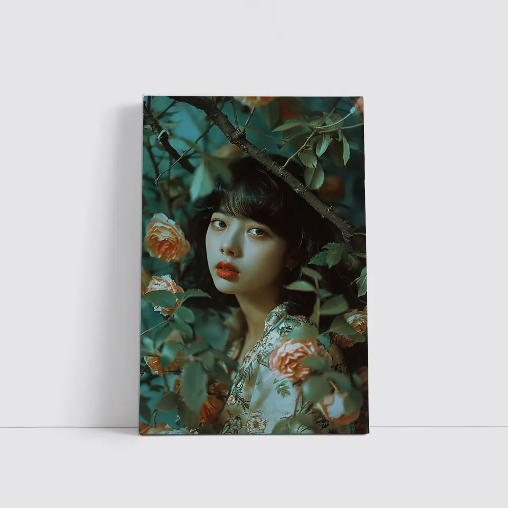Asian Girl Portrait Among Orange Roses – Wall Art