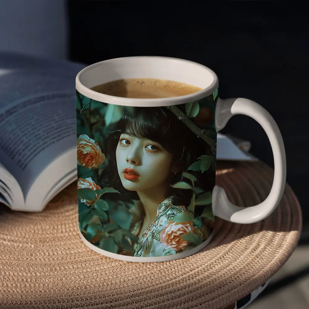 Asian Girl Portrait Among Orange Roses – Mugs
